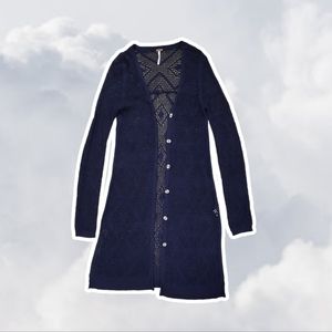 Free People XS Navy Blue Long Open Knit Crochet Button Cardigan